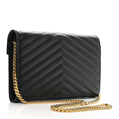 Saint Laurent Grain De Poudre Matelasse Chevron Monogram Chain Wallet Black 3 of 9