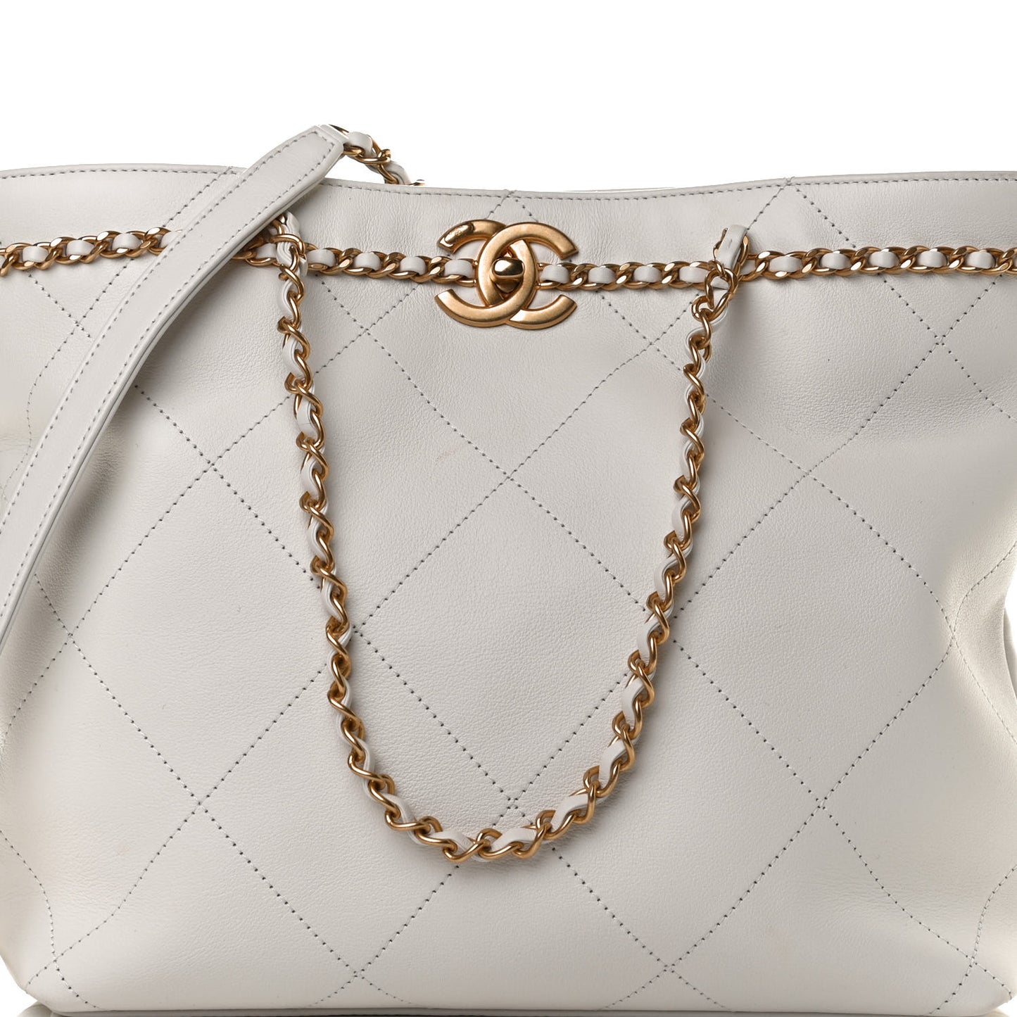 Calfskin Stitched Small Shopping Tote White