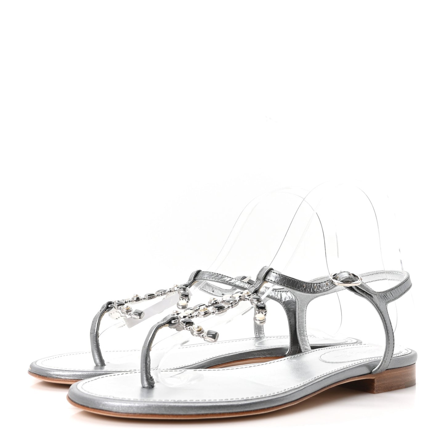 Metallized Lambskin CC Crystal Thong Sandals 38 Silver