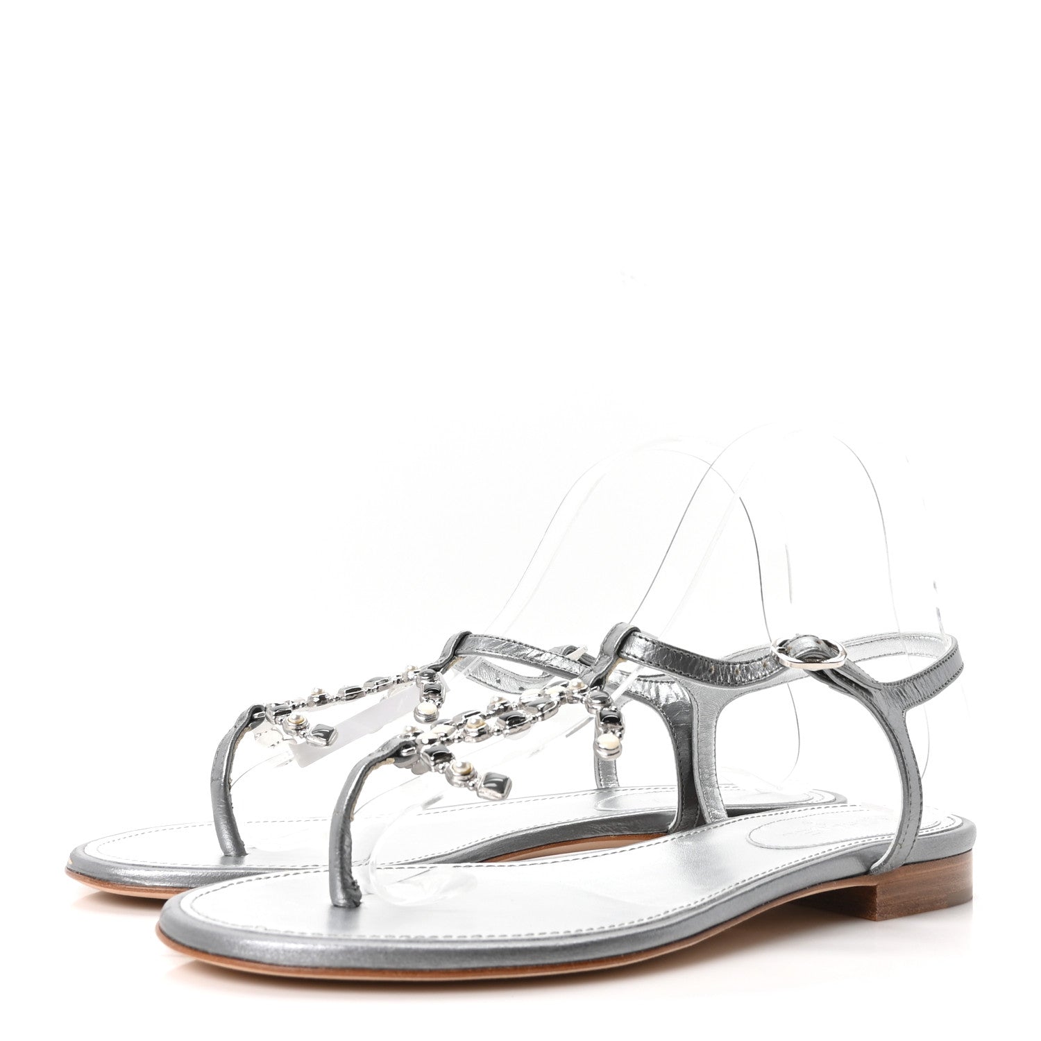 Chanel Metallized Lambskin CC Crystal Thong Sandals 38 Silver 4 of 9