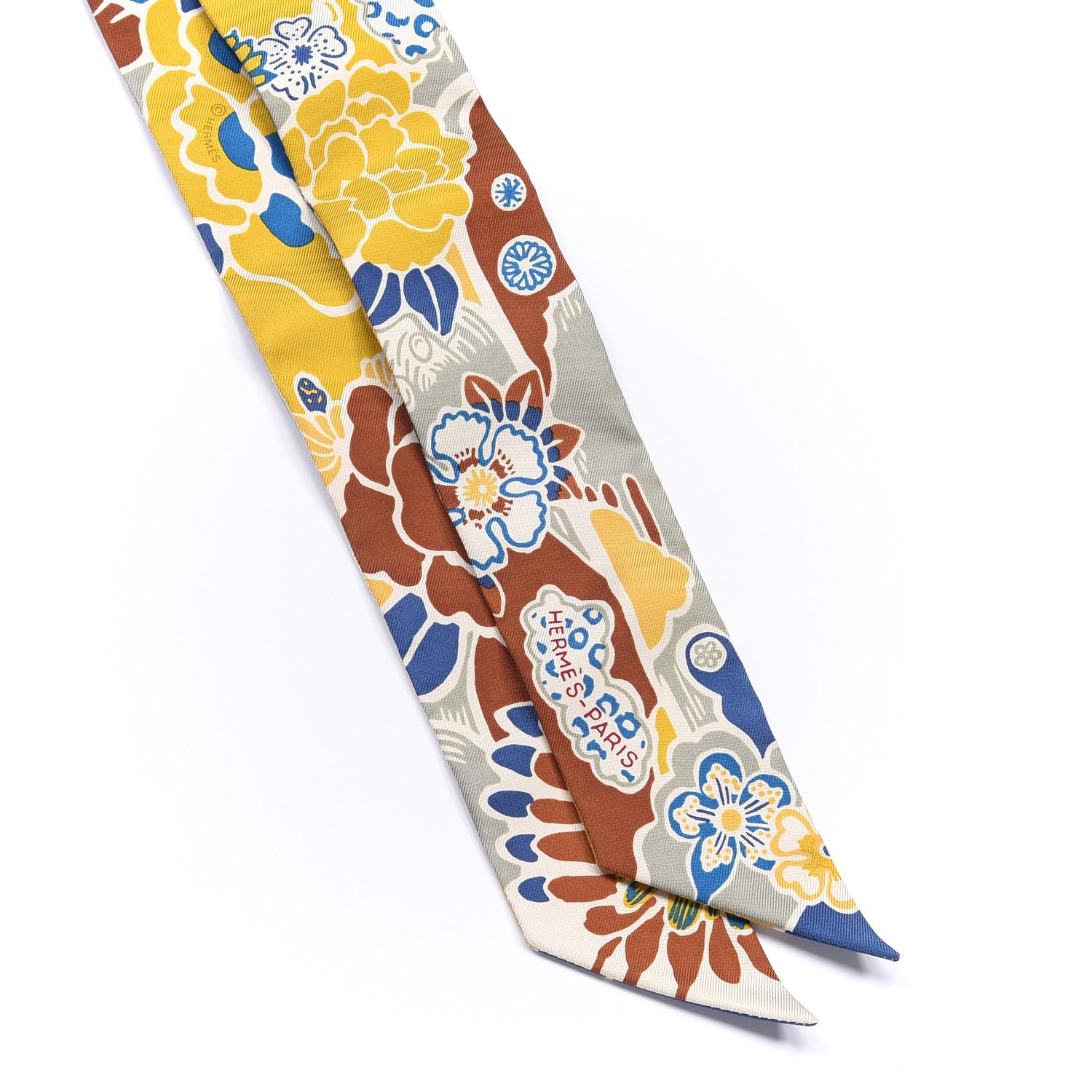 Hermes Silk Bingata Twilly Moutarde Bleu Brun 2 of 4