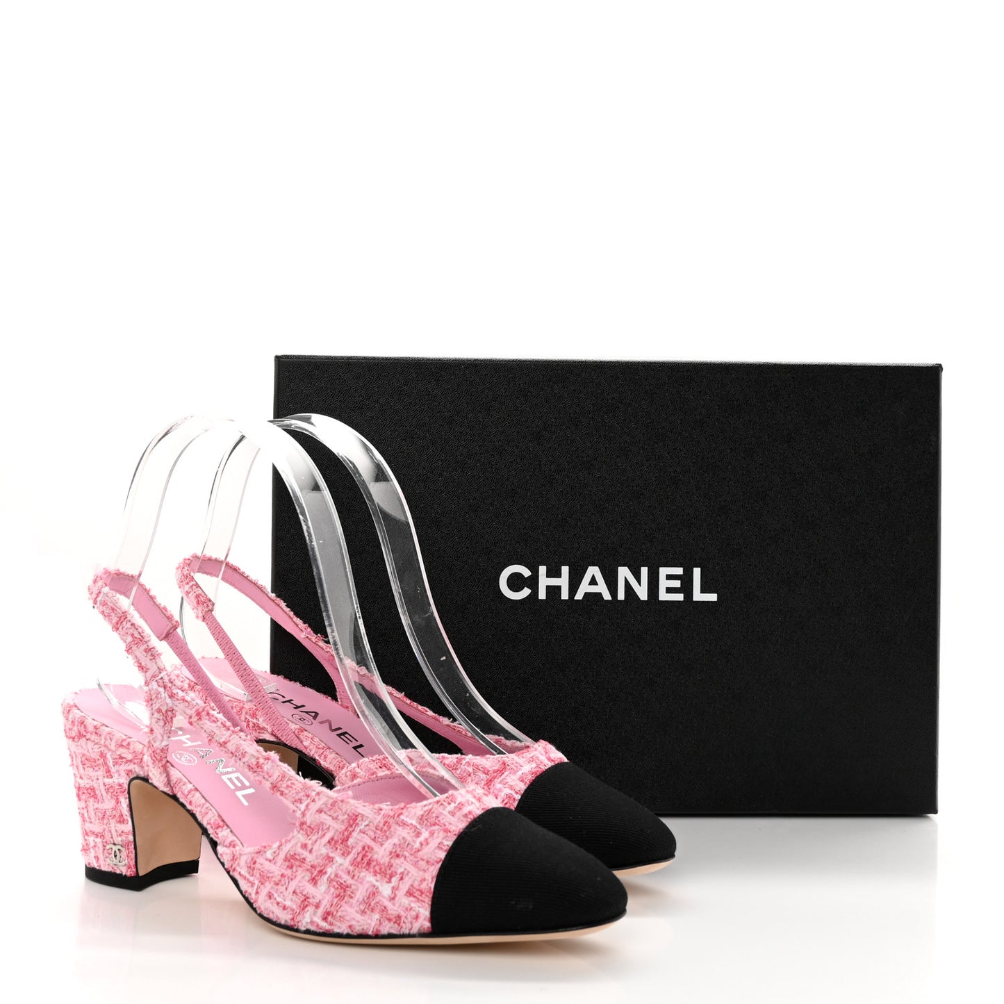 Tweed Grosgrain Cap Toe CC Slingback Pumps 37 Pink Black