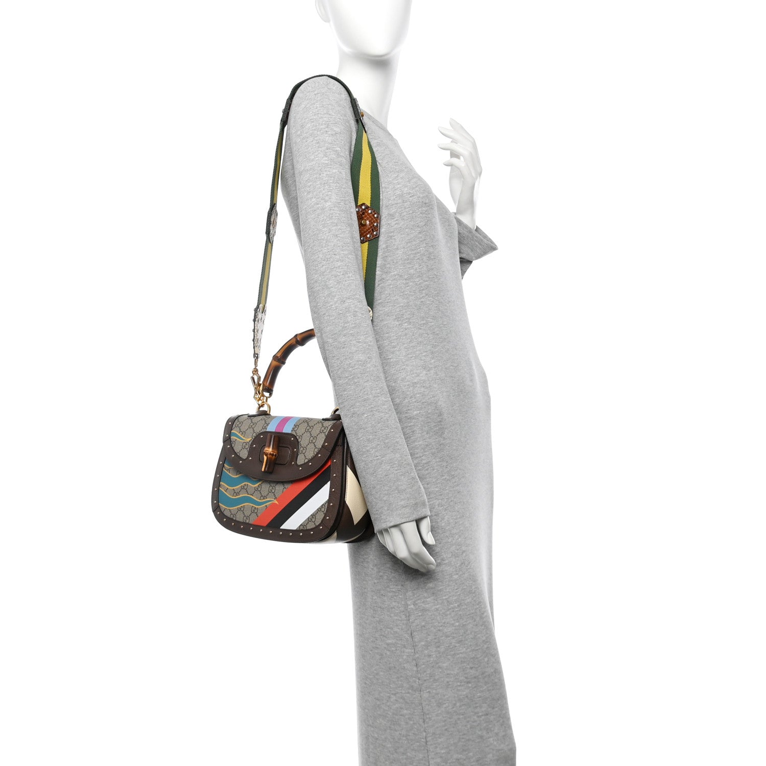 Gucci GG Supreme Monogram Studded Calfskin Centum Medium Bamboo 1947 Top Handle Bag Beige Ebony Multicolor 2 of 13