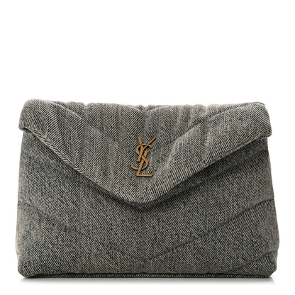 Saint Laurent Denim Quilted Monogram Loulou Puffer Pouch Clutch Blue Gray Light Azur 1 of 8