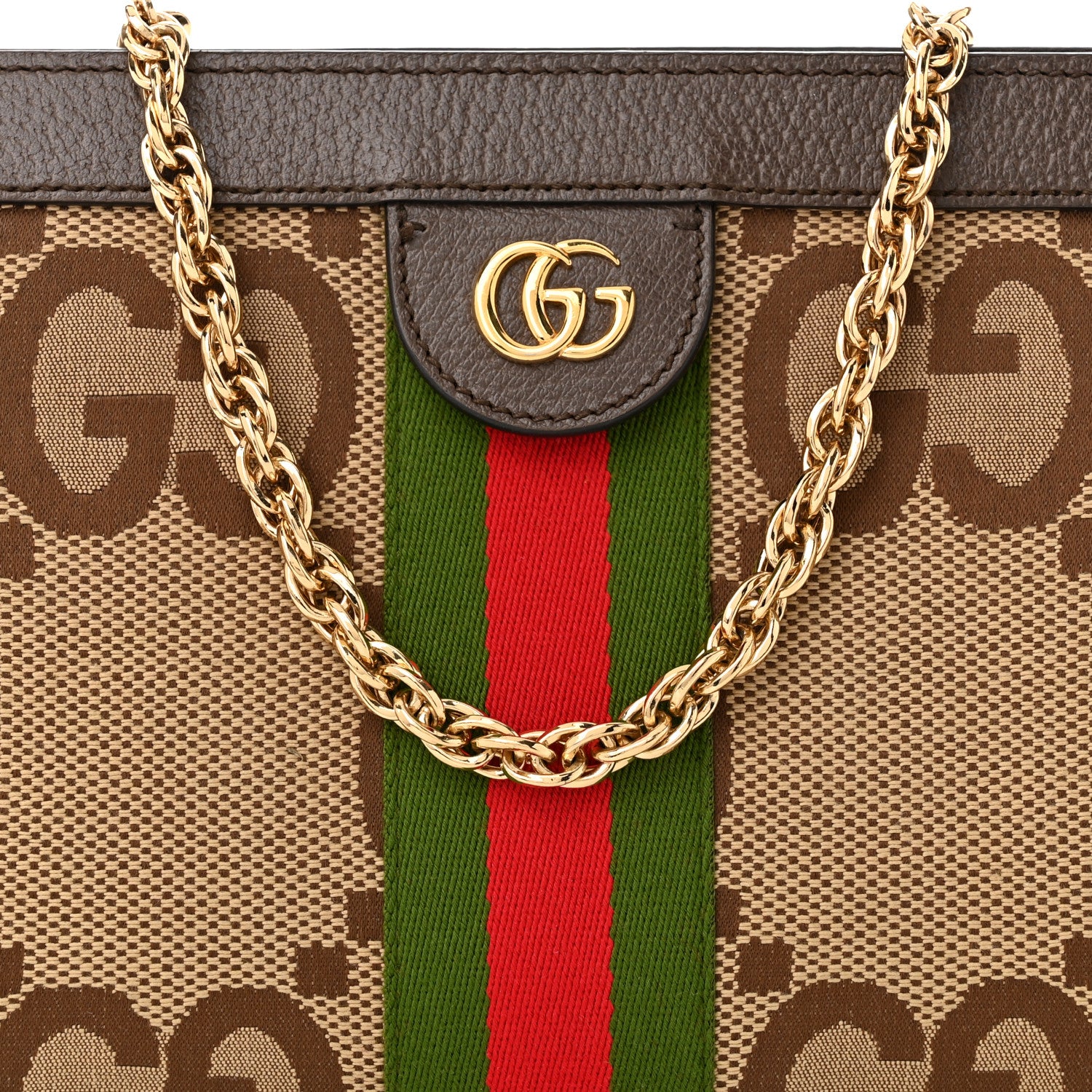 Gucci Monogram Jumbo GG Textured Dollar Calfskin Web Small Ophidia Chain Shoulder Bag Camel Ebony New Acero 8 of 13