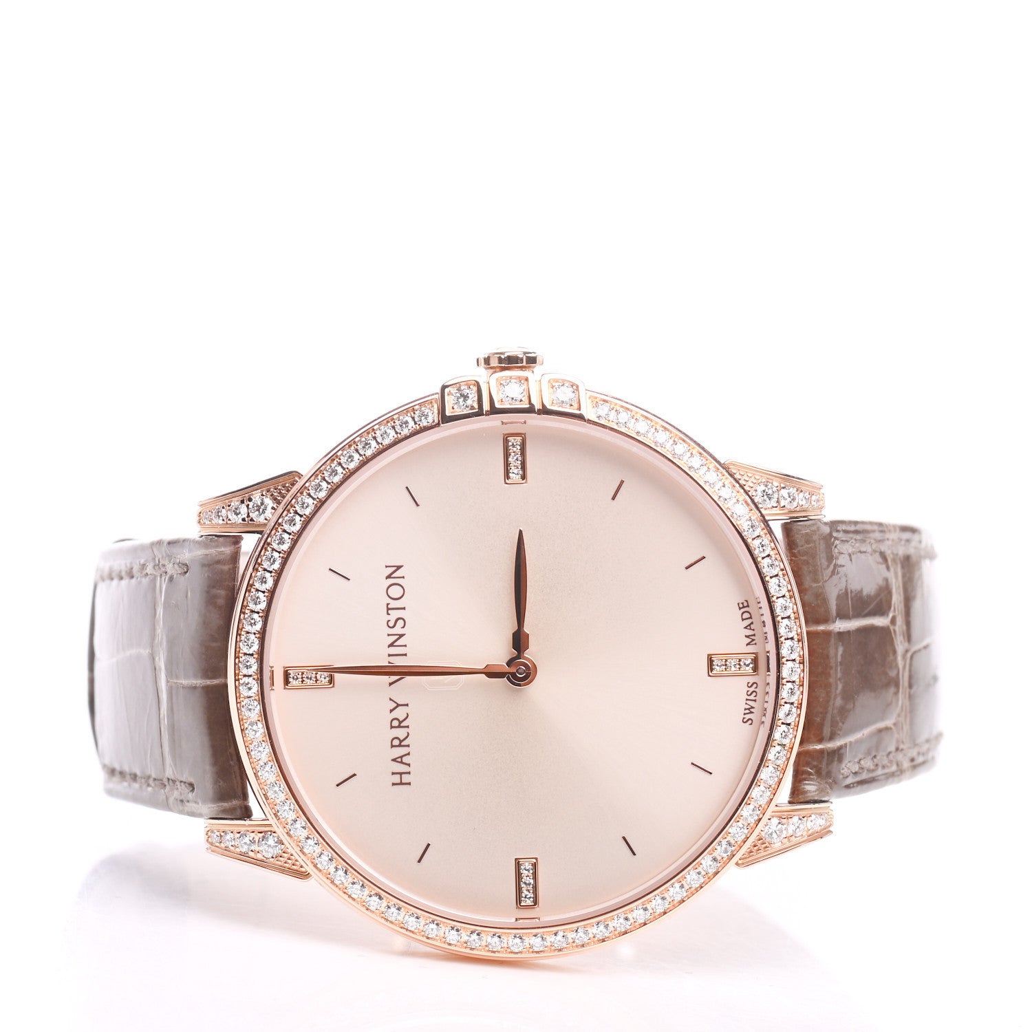 Harry Winston 18K Rose Gold Alligator Diamond Bezel 39mm Midnight Quartz Watch Champagne 2 of 9