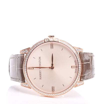 Harry Winston 18K Rose Gold Alligator Diamond Bezel 39mm Midnight Quartz Watch Champagne 2 of 9