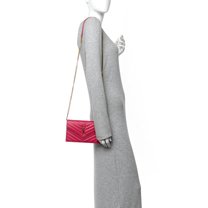 Saint Laurent Grain De Poudre Matelasse Chevron Monogram Envelope Chain Wallet Bubblegum 2 of 15