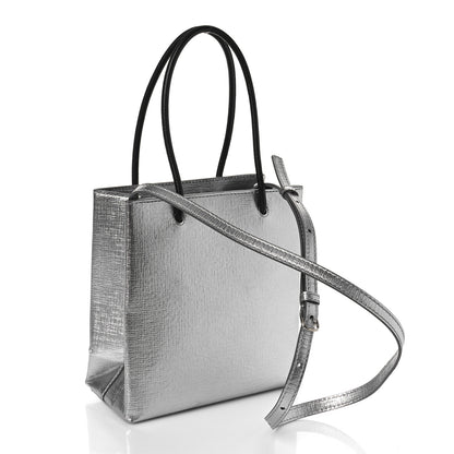 Balenciaga Metallic Squared Calfskin Logo North South Shopper Tote XXS Silver 3 of 9