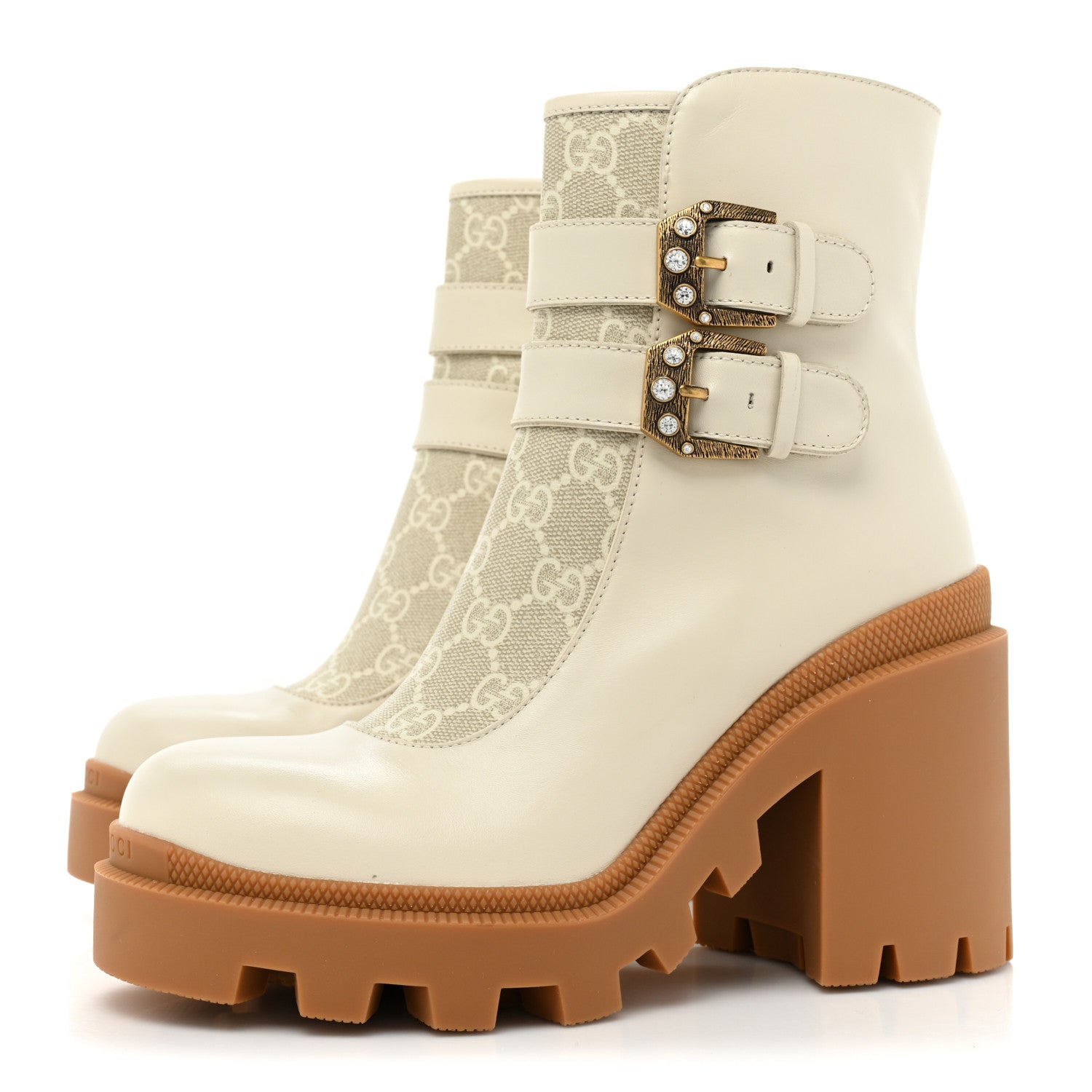 Gucci Kensington Calfskin Nappa GG Supreme Monogram Womens Double Buckle Ankle Boots 36 Mystic White Beige 3 of 10