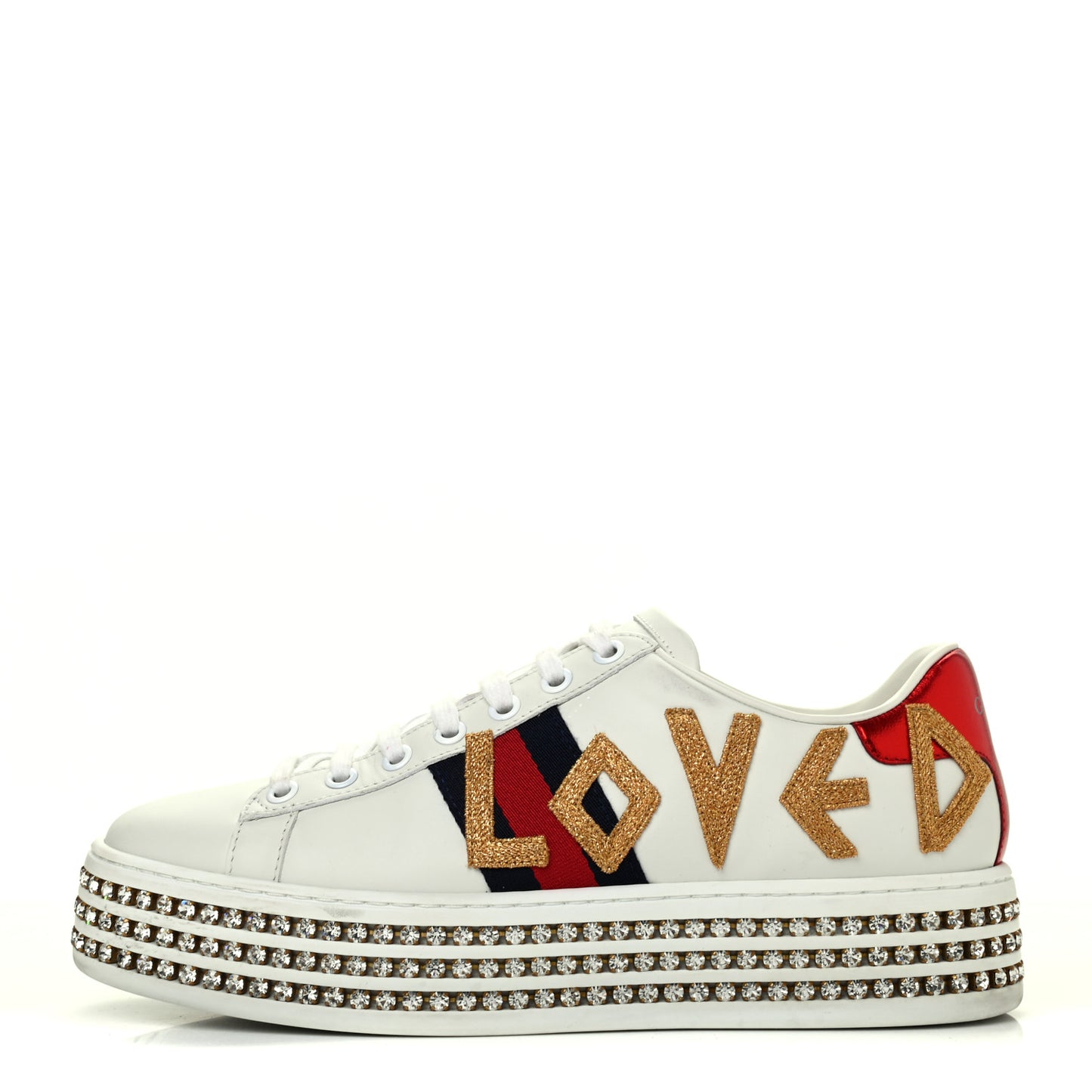 Calfskin Crystal Web LOVED Embroidered Womens Ace Platform Sneakers 37 White Red Flame Notte
