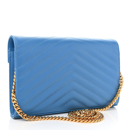 Saint Laurent Grain De Poudre Matelasse Chevron Monogram Chain Wallet Blue Clair 3 of 8