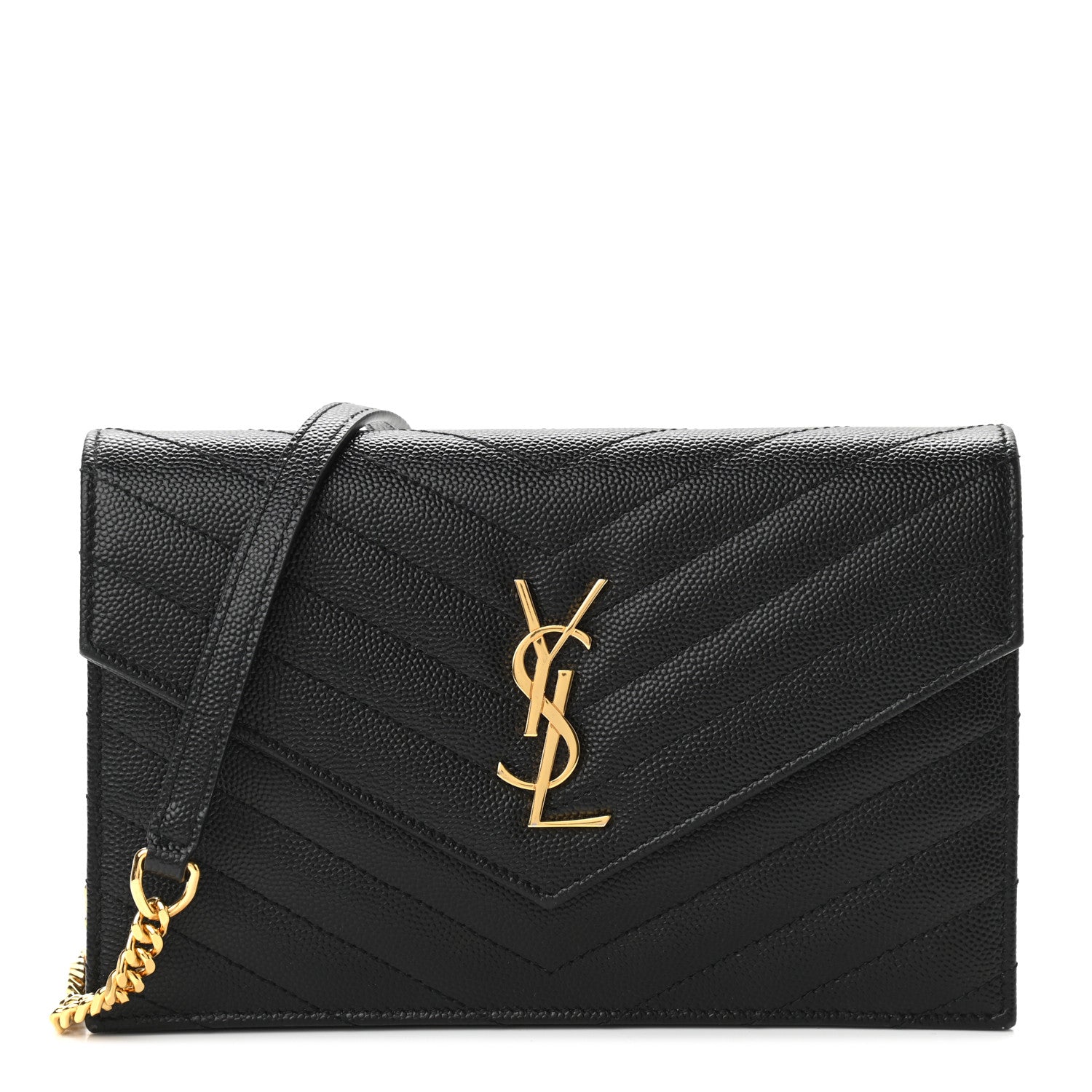 Saint Laurent Grain De Poudre Matelasse Chevron Monogram Envelope Chain Wallet Black 1 of 10