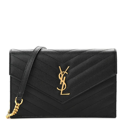 Saint Laurent Grain De Poudre Matelasse Chevron Monogram Envelope Chain Wallet Black 1 of 10