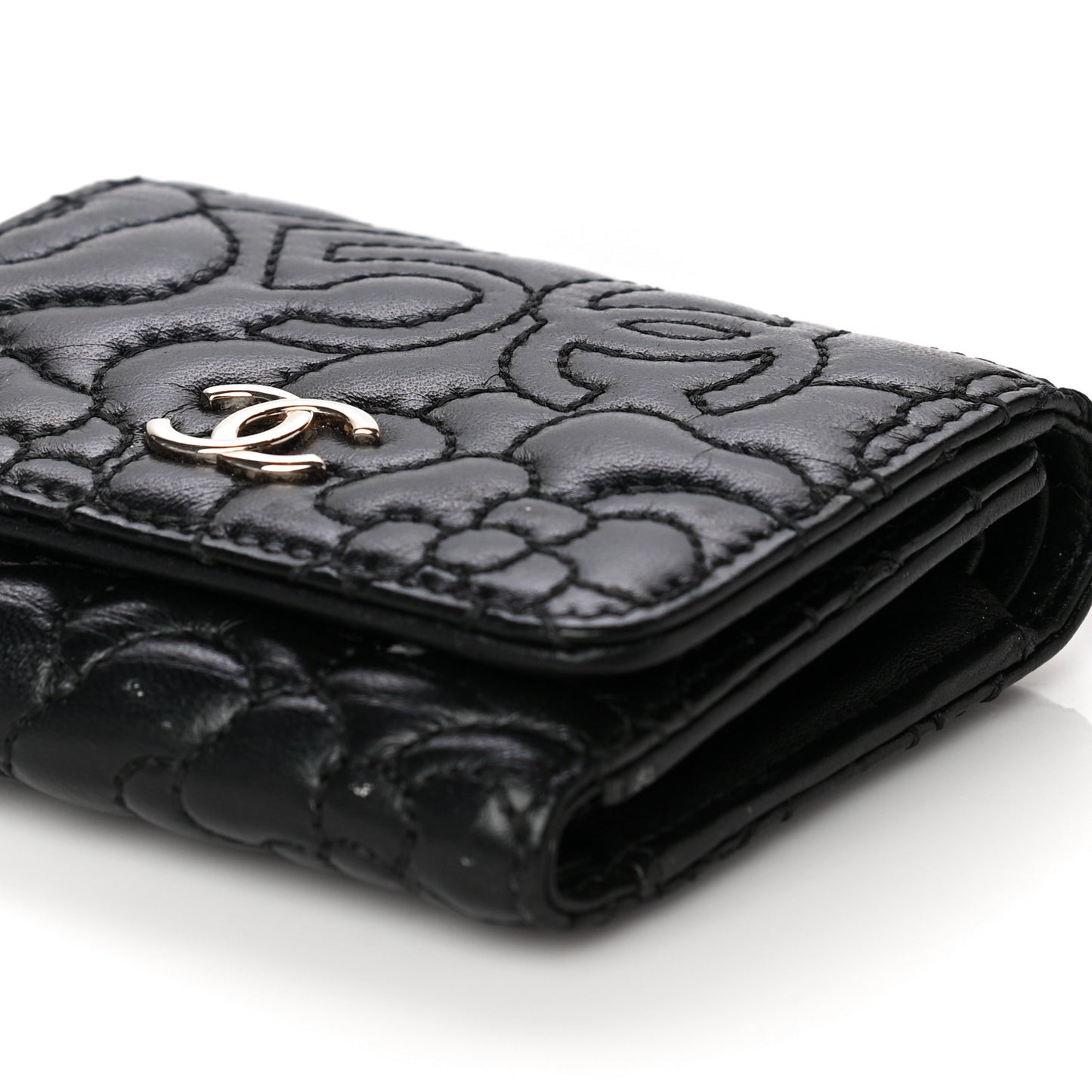 Lambskin Camellia Embossed Small Wallet Black