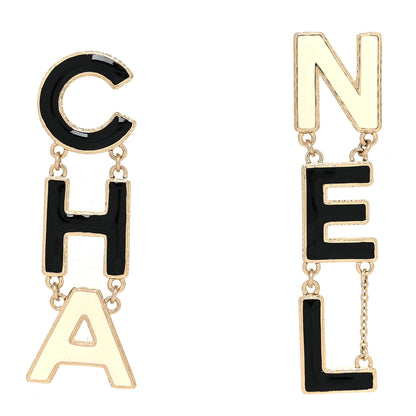 Chanel Metal Enamel Cha-Nel Logo Drop Earrings Black White 1 of 4