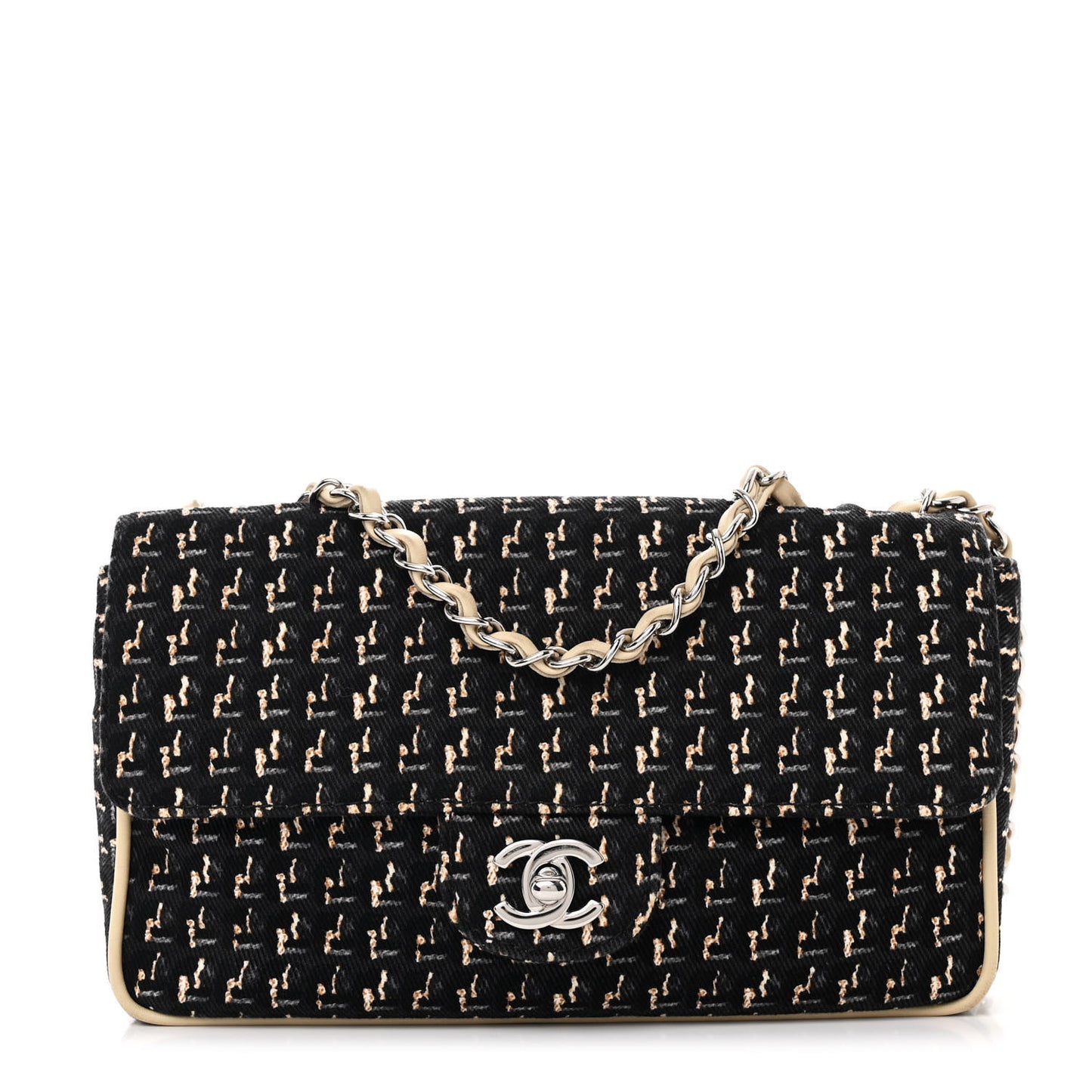 Canvas Lambskin Small Flap Black Beige Multicolor