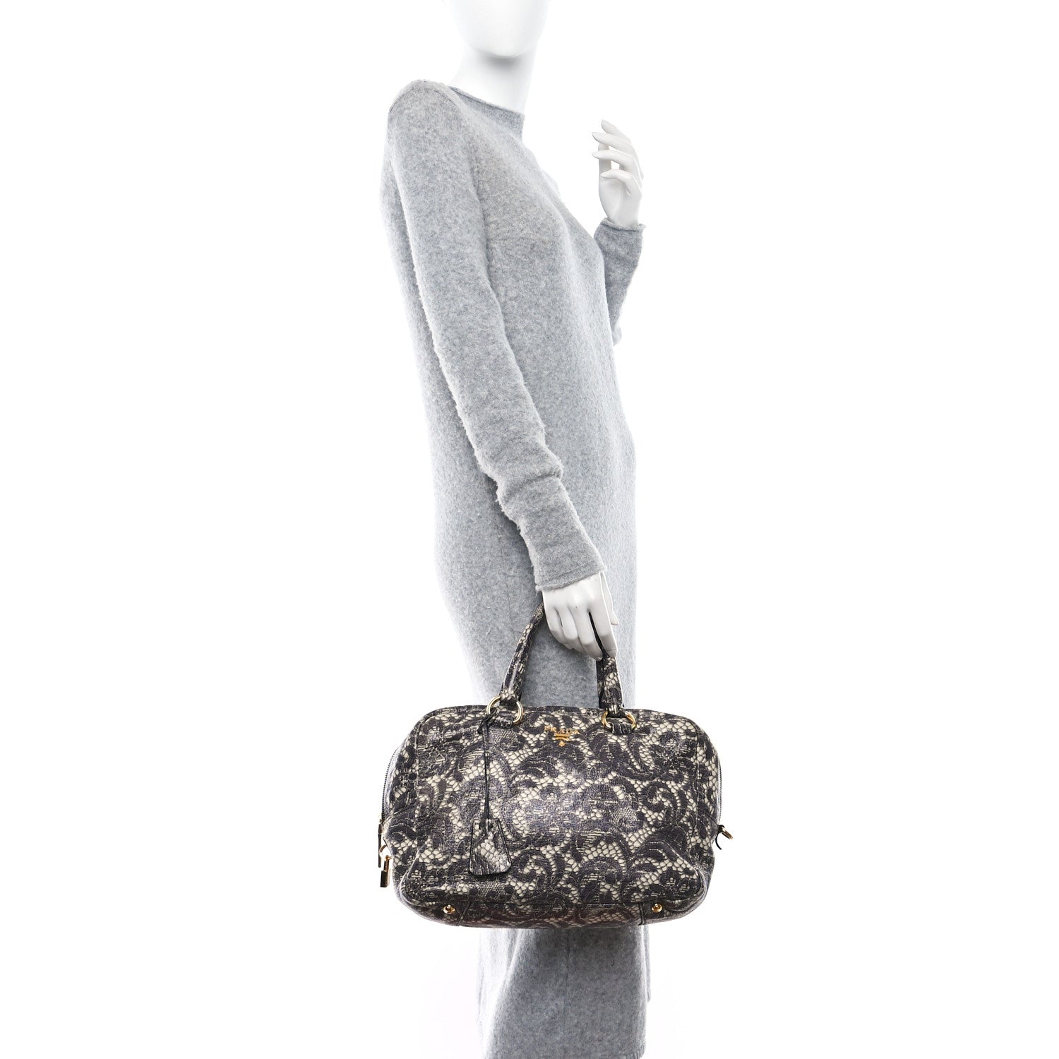 Prada Cervo Lux Print Lace Bauletto Bag Talco 2 of 10