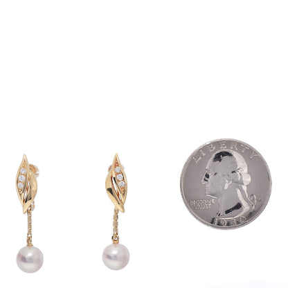 Mikimoto 18K Yellow Gold Diamond Akoya Pearl 7mm Leaf Drop Earrings 2 of 3