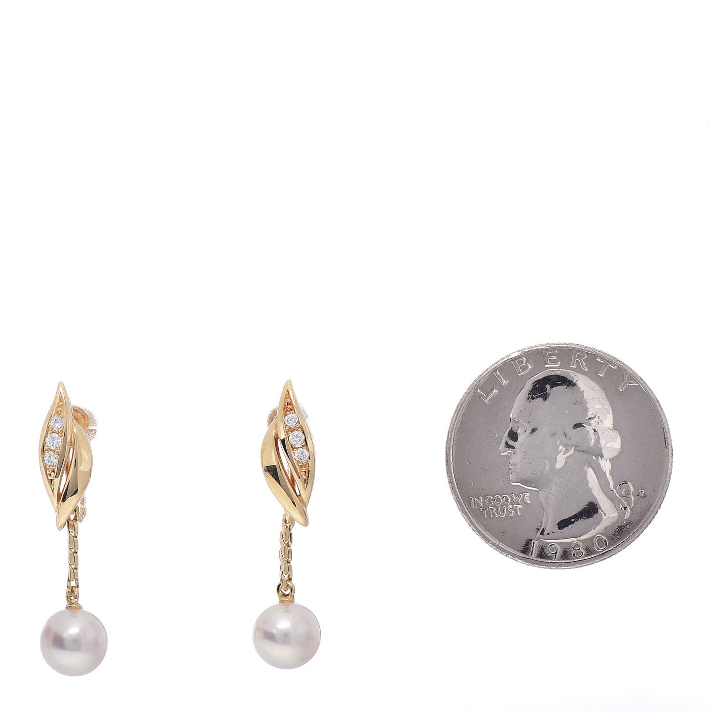 18K Yellow Gold Diamond Akoya Pearl 7mm Leaf Drop Earrings