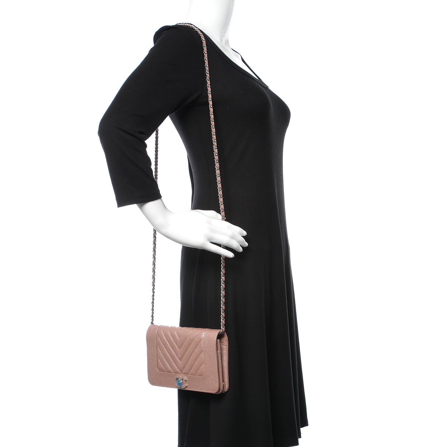 Chanel Metallic Caviar Chevron Quilted Vintage Mademoiselle Wallet On Chain WOC Pink 2 of 11