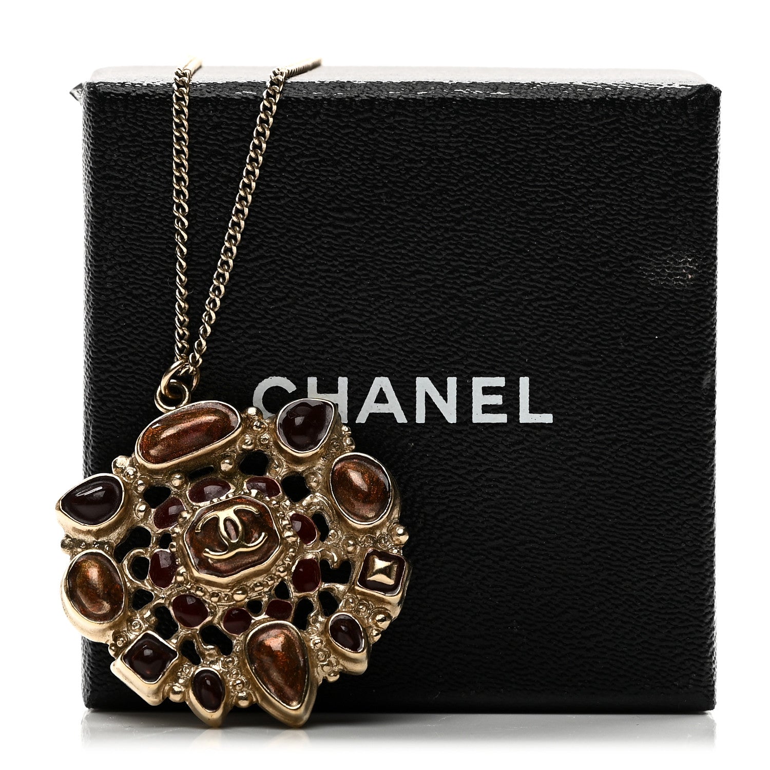 Chanel Gripoix Poured Glass CC Pendant Necklace Gold Brown 5 of 5