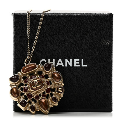 Chanel Gripoix Poured Glass CC Pendant Necklace Gold Brown 5 of 5