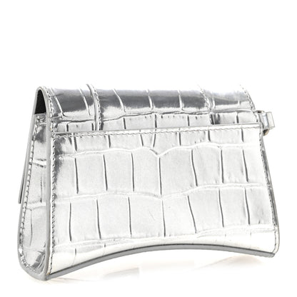 Balenciaga Metallic Calfskin Crocodile Embossed Hourglass Chain Cardholder Silver 3 of 10