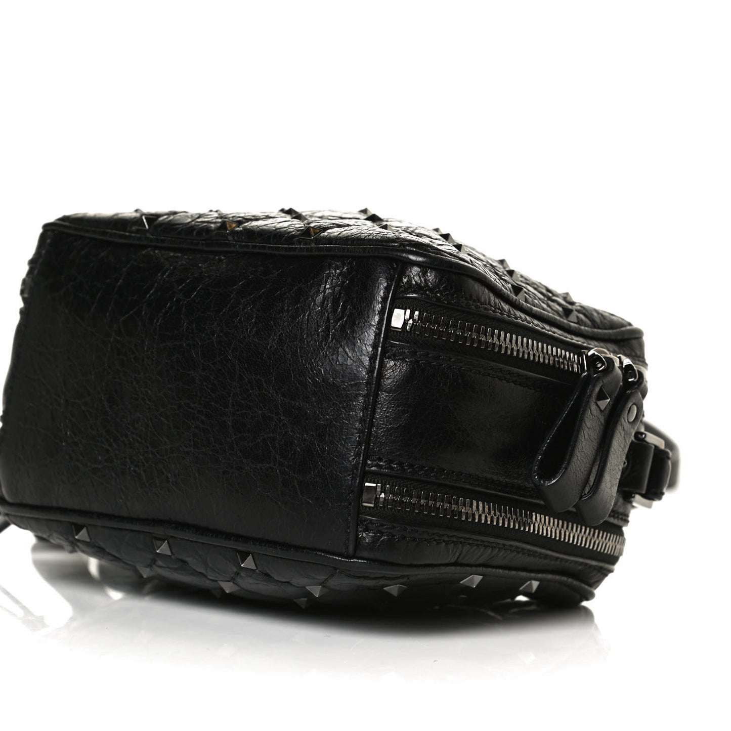 Craquele Nappa Rockstud Spike Double Zip Camera Crossbody Bag Black