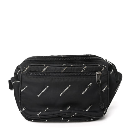 Balenciaga Twill Nylon Allover Logo Explorer Beltpack Black White 1 of 11