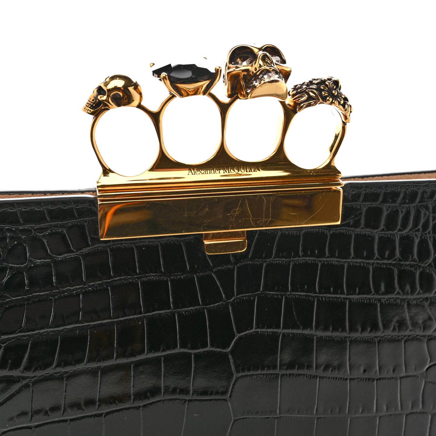 Calfskin Crocodile Embossed Knuckle Flat Clutch Black Gold