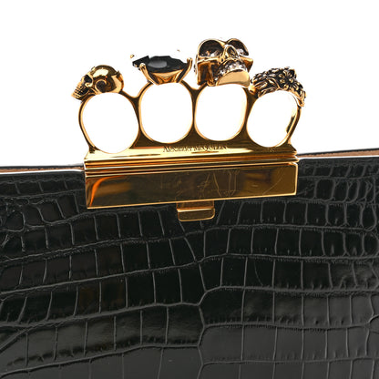 Alexander McQueen Calfskin Crocodile Embossed Knuckle Flat Clutch Black Gold 8 of 10