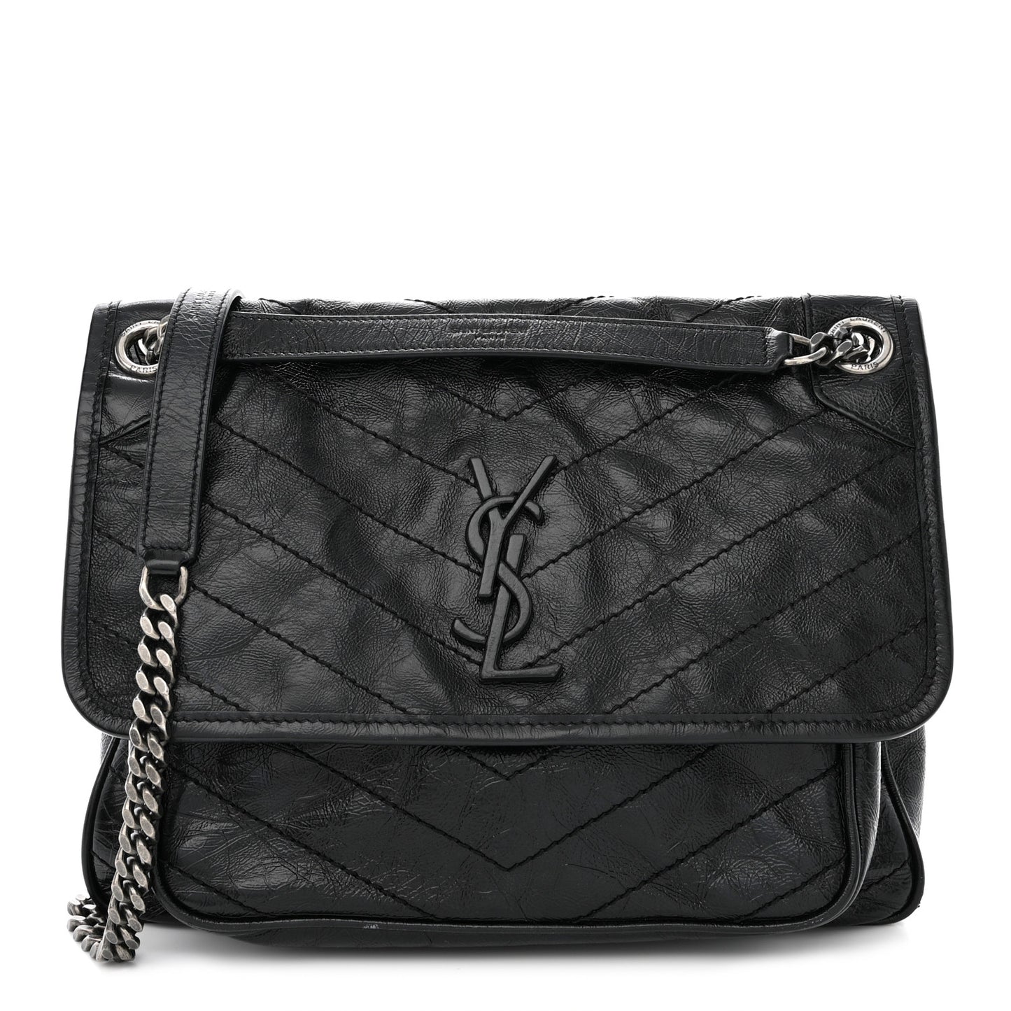 Crinkled Calfskin Matelasse Monogram Medium Niki Chain Satchel Black