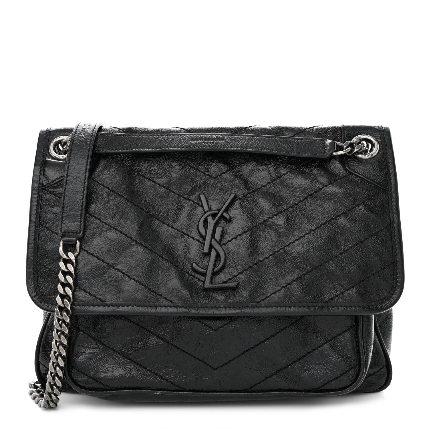 Saint Laurent Crinkled Calfskin Matelasse Monogram Medium Niki Chain Satchel Black 1 of 12