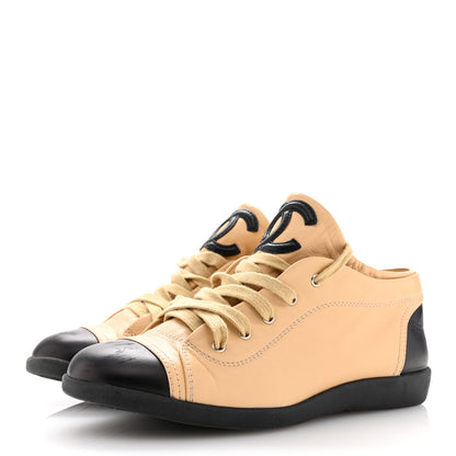 Chanel Lambskin CC Sneakers 37.5 Beige Black 4 of 12