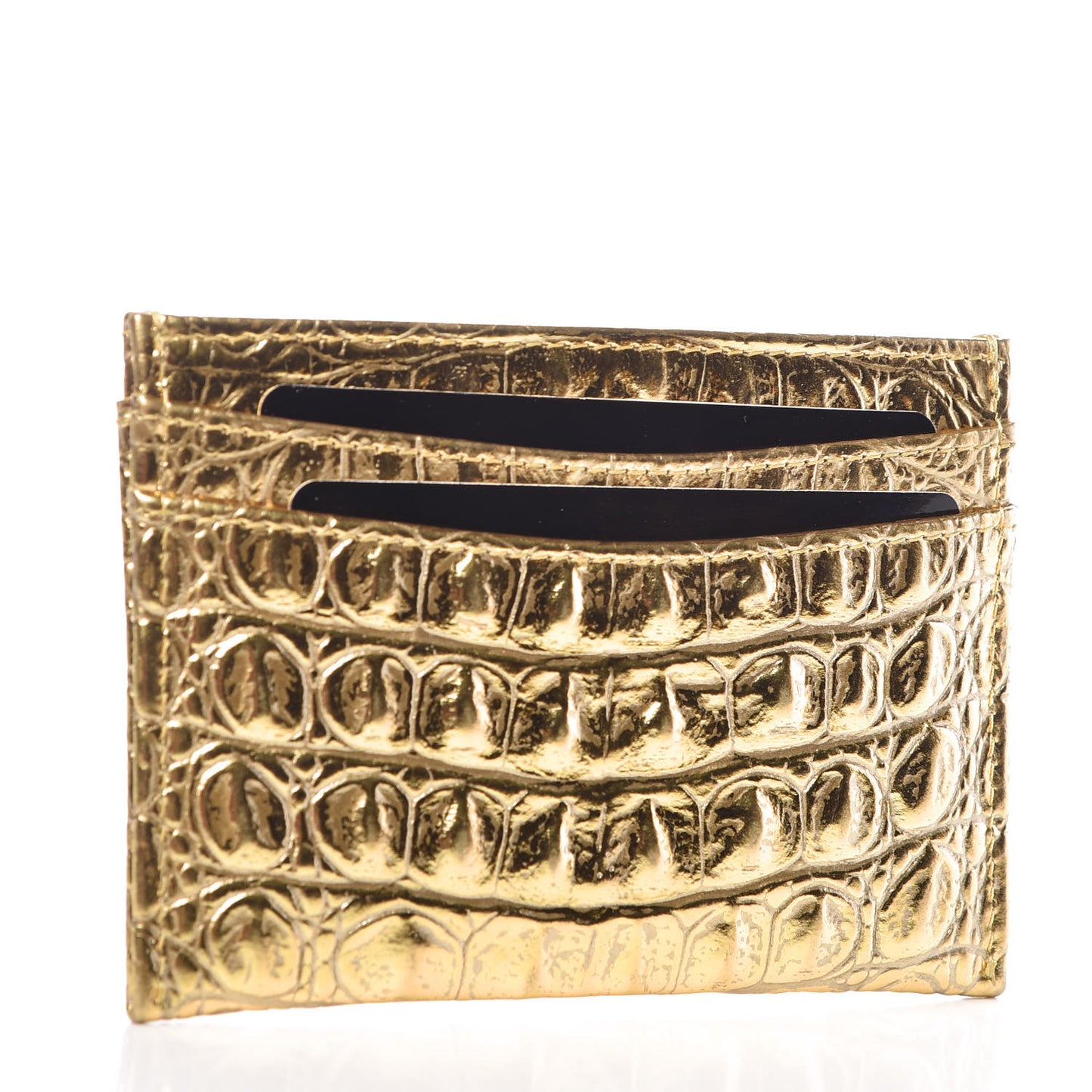 Metallic Calfskin Crocodile Embossed Cocodile Card Holder Gold