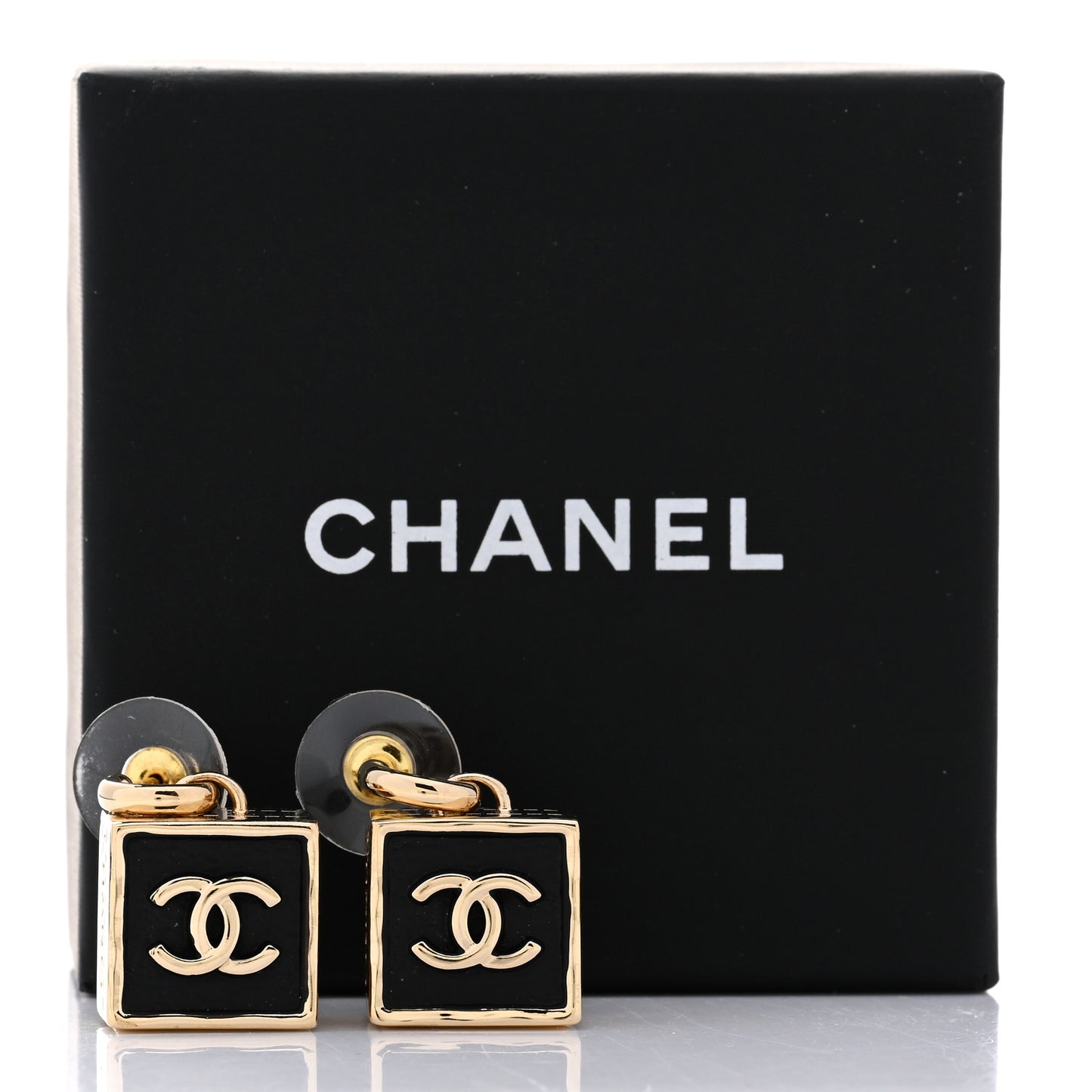 Metal Enamel CC Square Drop Earrings Gold Black