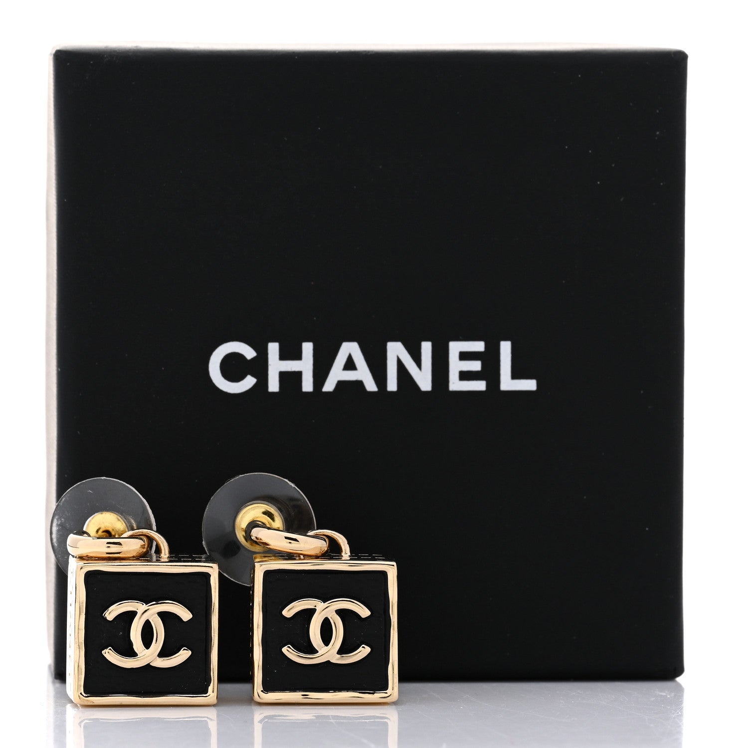 Chanel Metal Enamel CC Square Drop Earrings Gold Black 2 of 5
