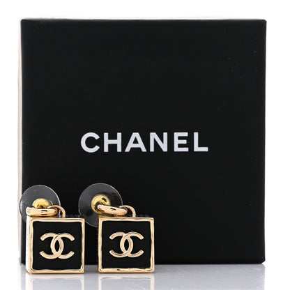 Chanel Metal Enamel CC Square Drop Earrings Gold Black 2 of 5