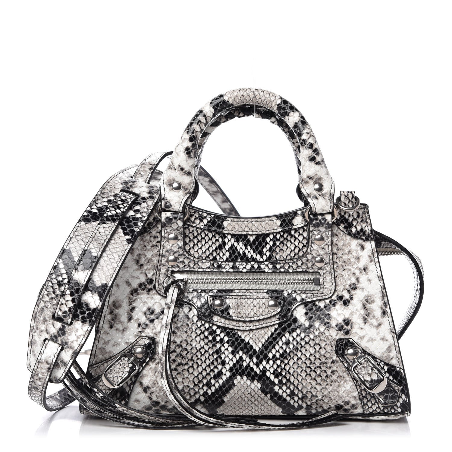 Balenciaga Grained Calfskin Snake Effect Neo Classic Silver Hardware Mini City Black White 1 of 8