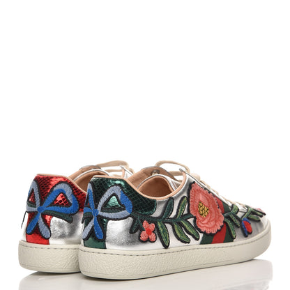 Gucci Metallic Calfskin Floral Embroidered Ace Sneakers 38 Silver 4 of 11