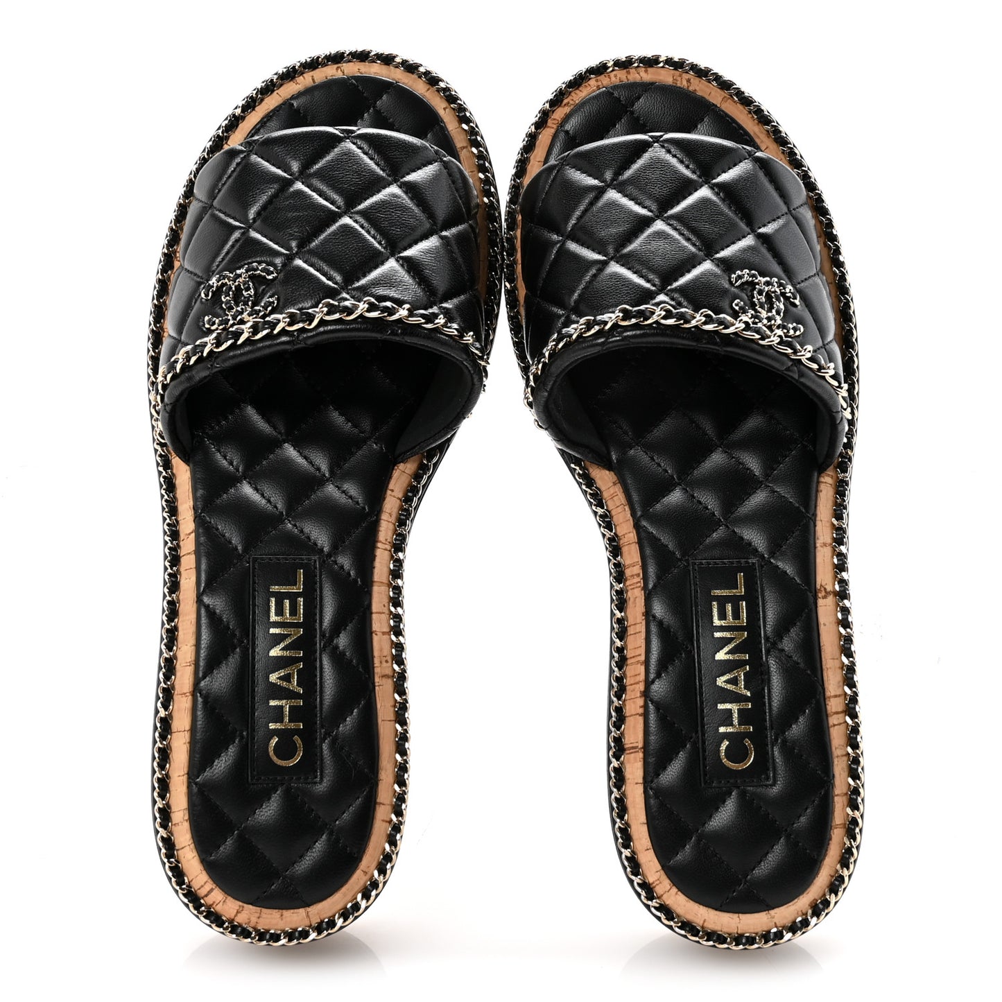 Lambskin Quilted Chain CC Sandals 39.5 Black
