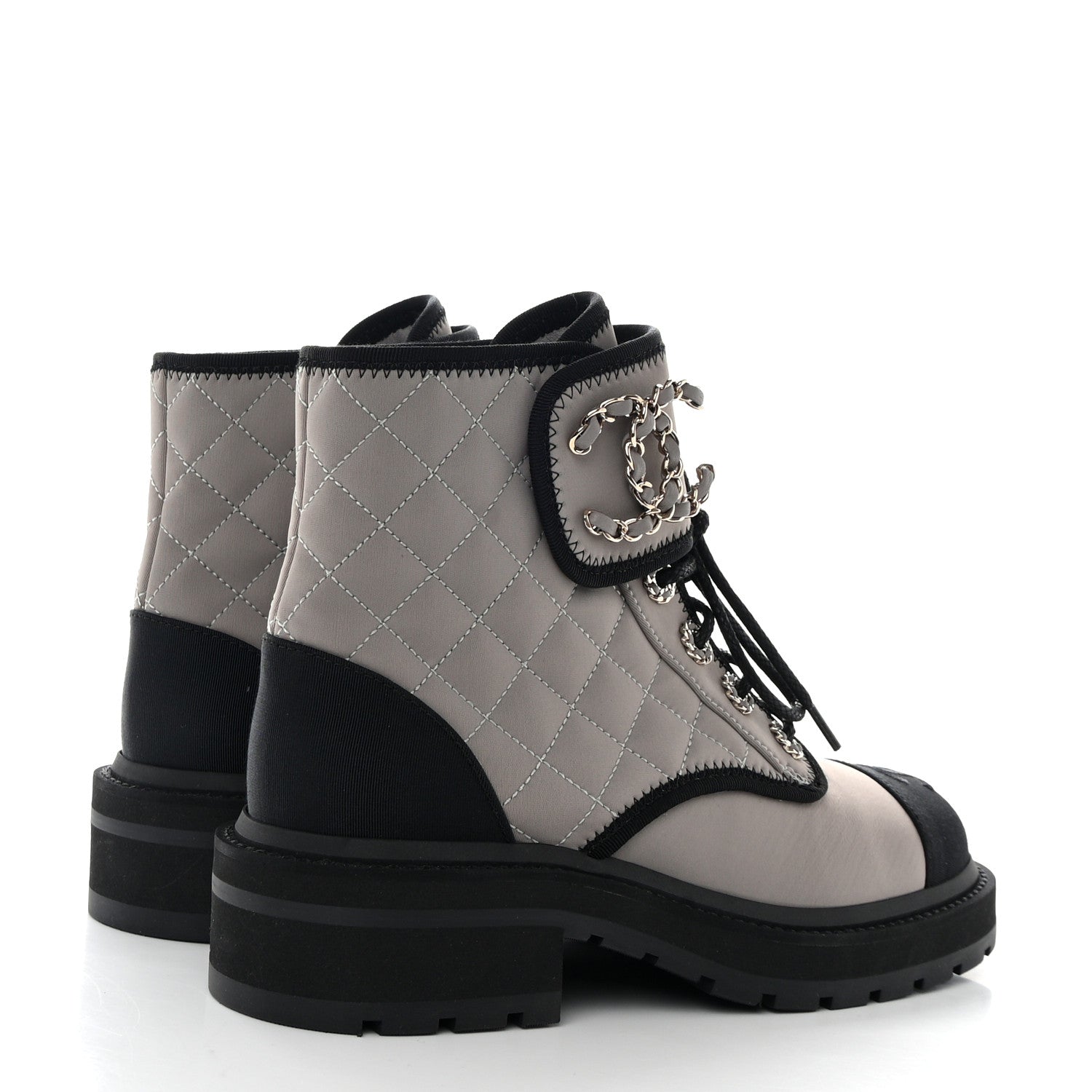 Chanel Fabric Grosgrain Quilted Cap Toe Lace Up Combat Boots 36 Gray 4 of 11