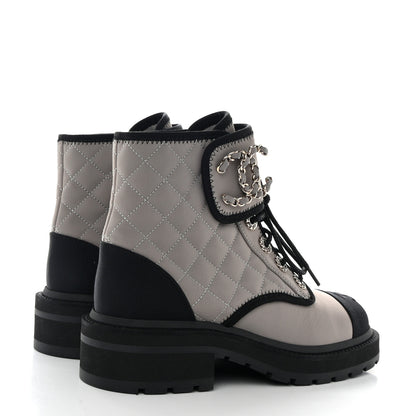 Chanel Fabric Grosgrain Quilted Cap Toe Lace Up Combat Boots 36 Gray 4 of 11