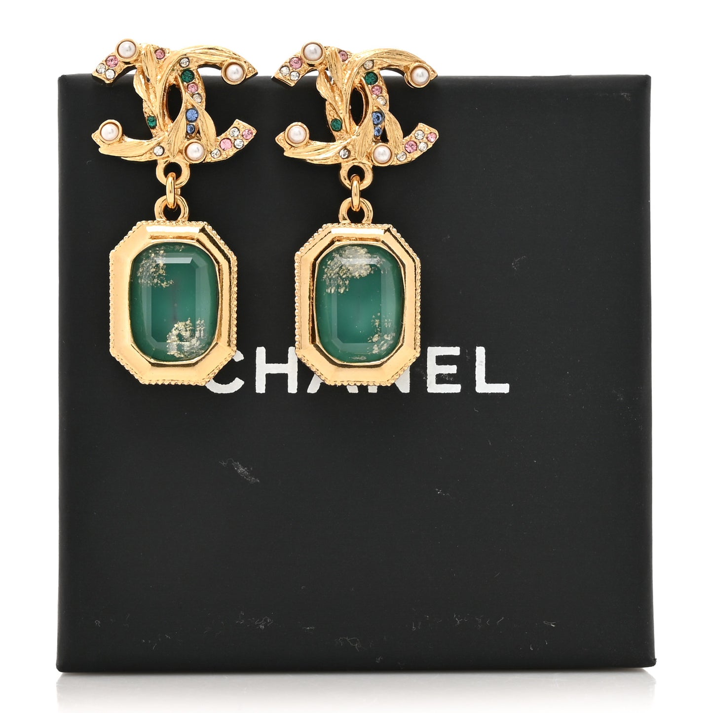 Crystal Pearl Glitter CC Drop Earrings Gold Green