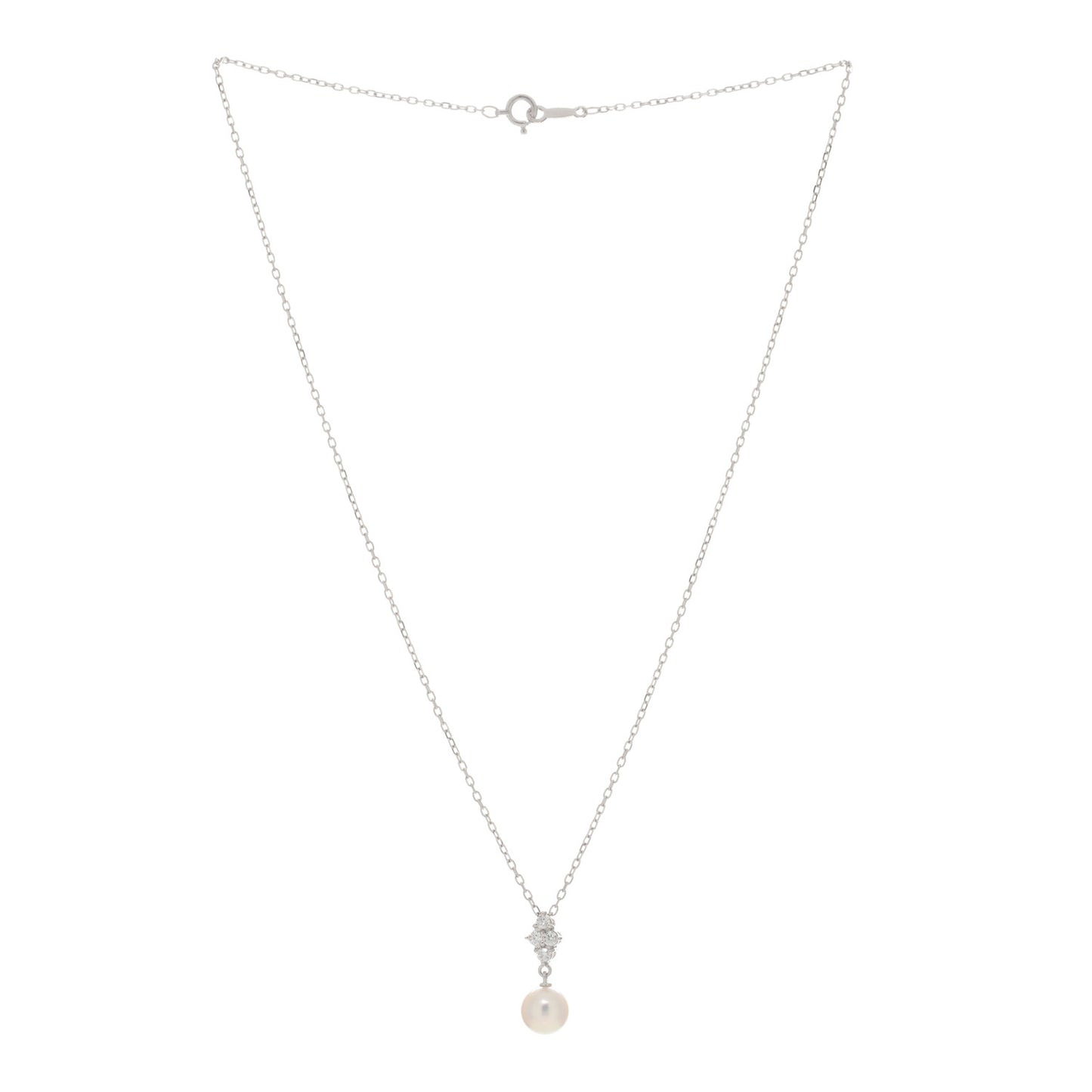 18K White Gold Diamond Akoya Pearl 7-7.5mm Pendant Necklace
