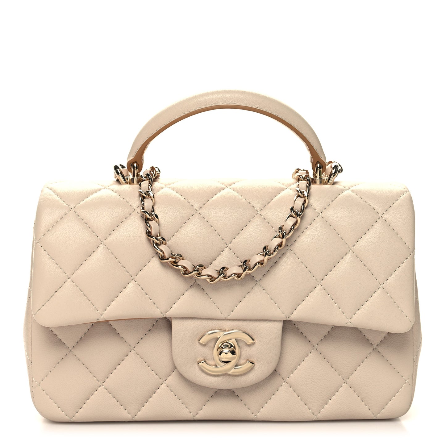 Lambskin Quilted Bi-Color Mini Top Handle Rectangular Flap Ecru Dark Beige