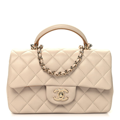 Chanel Lambskin Quilted Bi-Color Mini Top Handle Rectangular Flap Ecru Dark Beige 1 of 11