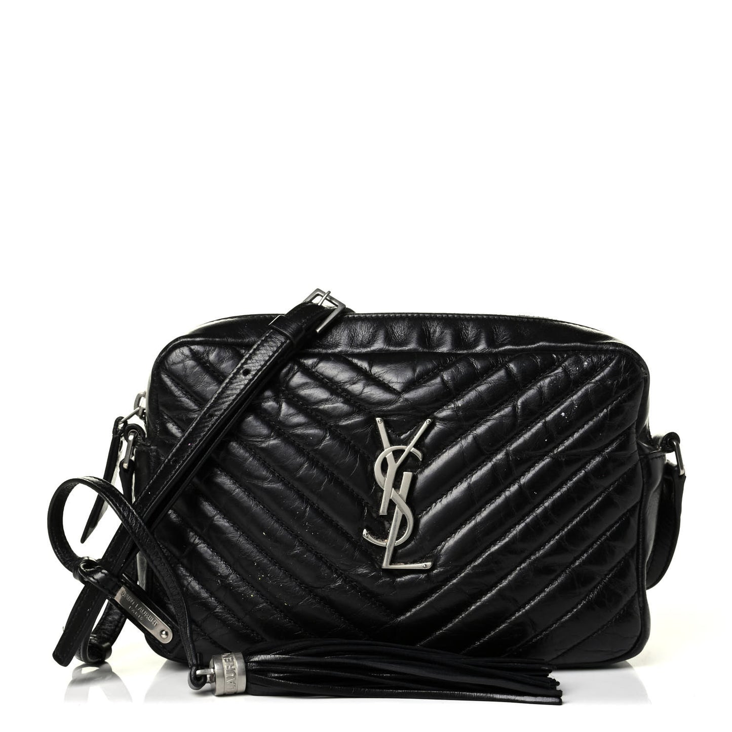 Cracked Shiny Calfskin Matelasse Monogram Lou Camera Bag Black