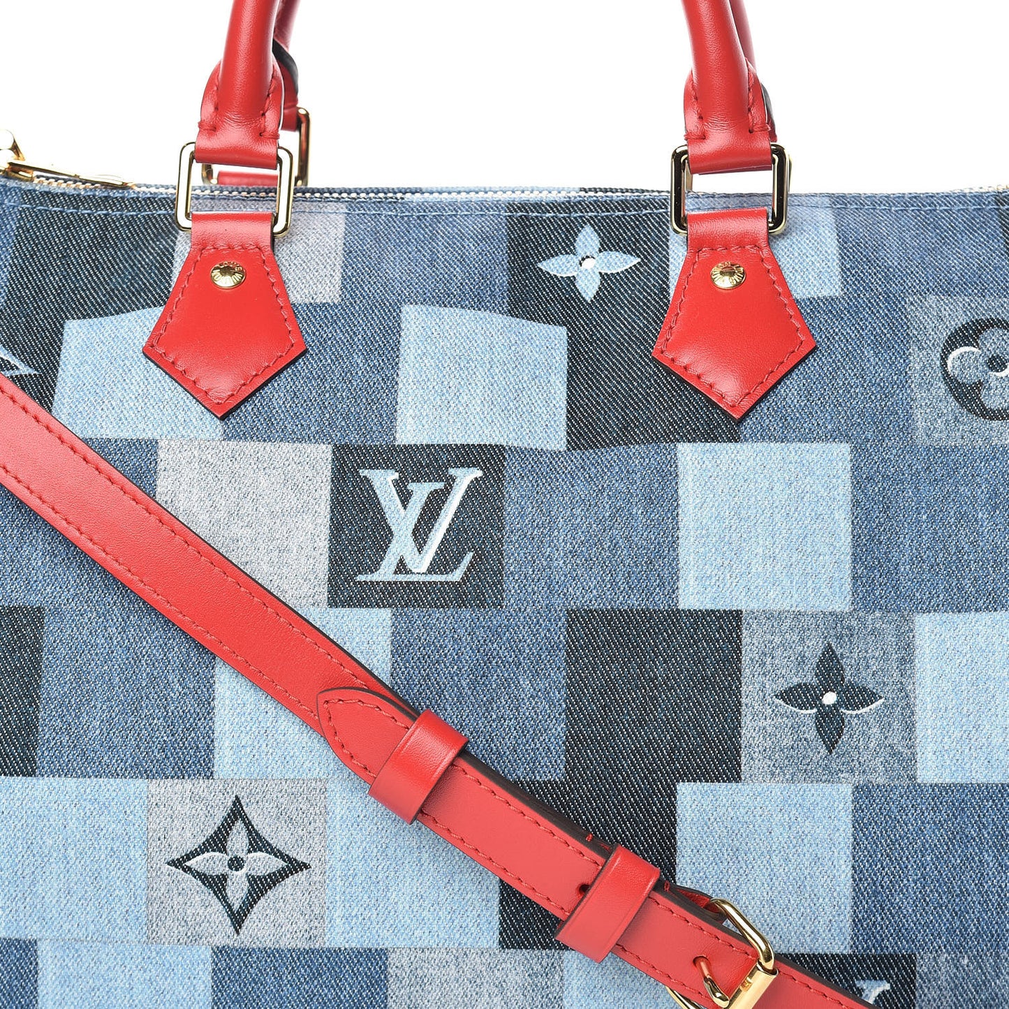 Denim Damier Monogram Patchwork Speedy Bandouliere 30 Blue Rouge